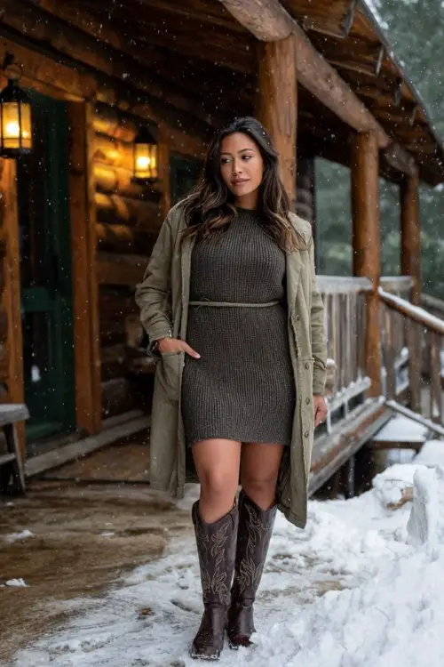 A curvy woman wears a sweater dress in olive green with ribbed texture, layered with a belted coat and tall leather cowboy boots