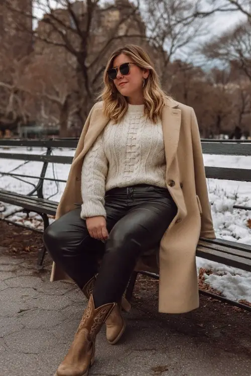 A curvy woman wears black faux leather leggings with suede black cowboy boots, a cozy cream cable-knit sweater, and a structured camel coat