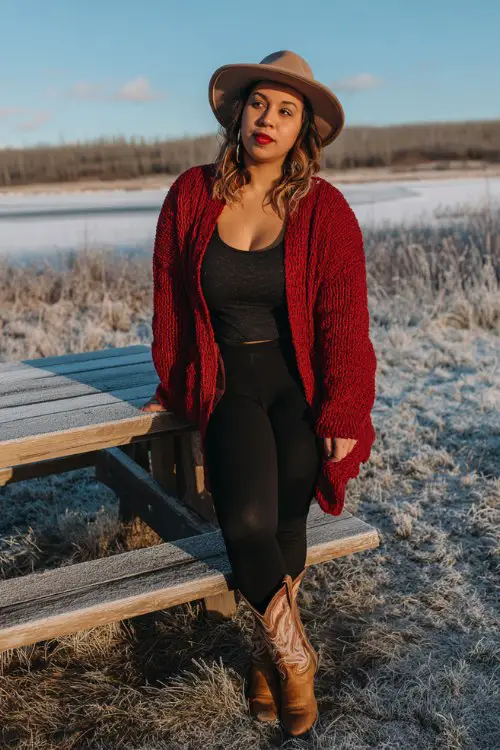 A curvy woman wears black leggings and cowboy boots, styled with a chunky red cardigan and winter hat