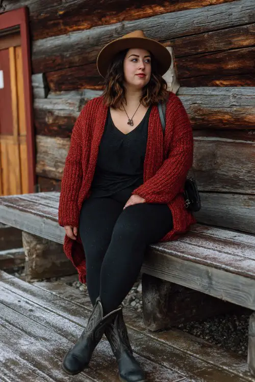 A curvy woman wears black leggings and cowboy boots, with a chunky red cardigan and winter hat
