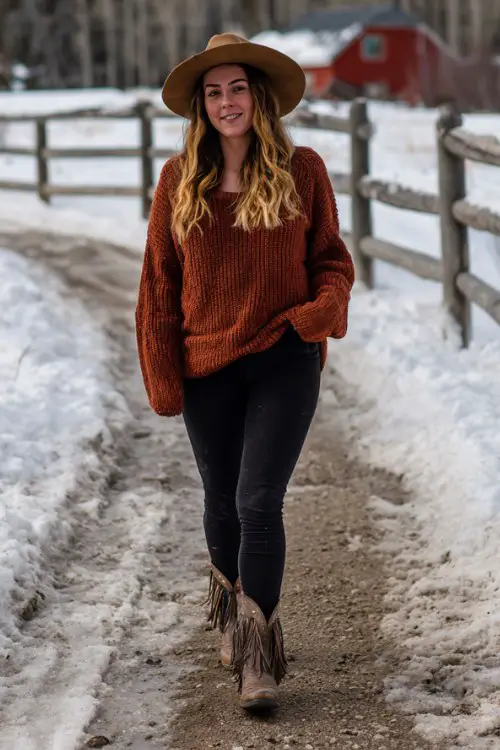 A curvy woman wears black leggings and fringe-trimmed cowboy boots, layered with a rust-colored knit sweater and a wool hat