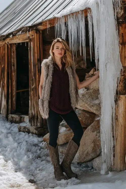 A curvy woman wears black leggings with suede short brown cowboy boots, a burgundy oversized knit sweater, and a cozy faux fur vest