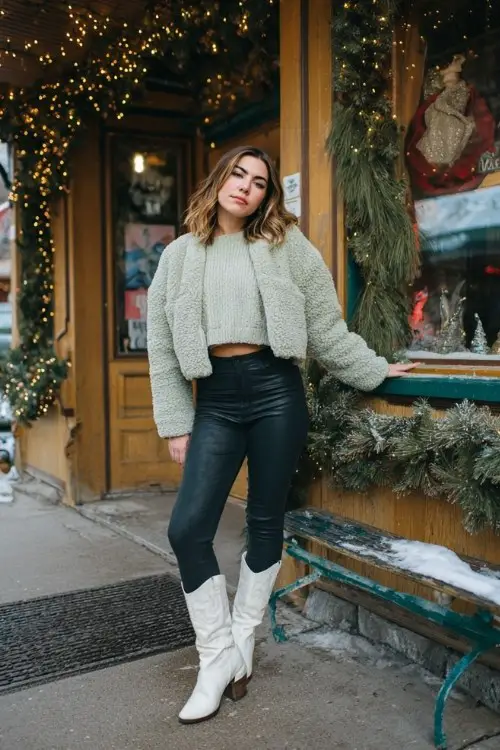 A curvy woman wears black leggings with tall white western boots, a cozy sage green oversized sweater, and a cropped teddy jacket