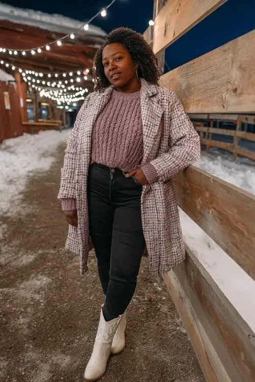 A curvy woman wears black leggings with white cowboy booties, a chunky knit sweater in soft mauve, and a longline plaid coat
