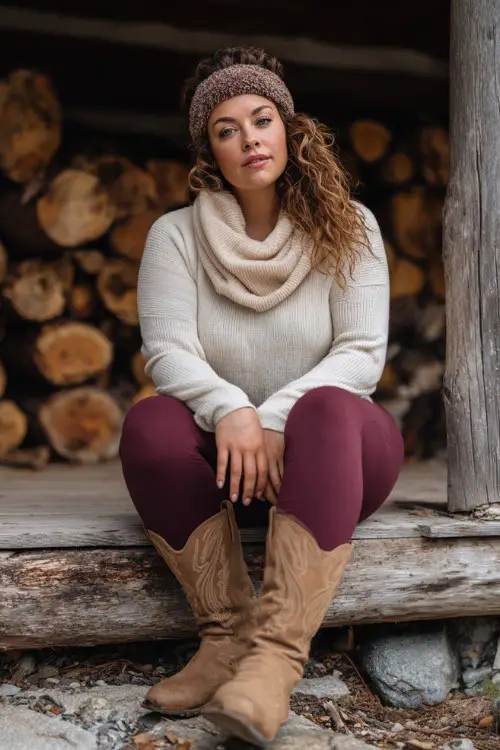 A curvy woman wears burgundy leggings with tall tan cowboy boots, a loose-fitting cream cowl-neck sweater, and a fuzzy headband