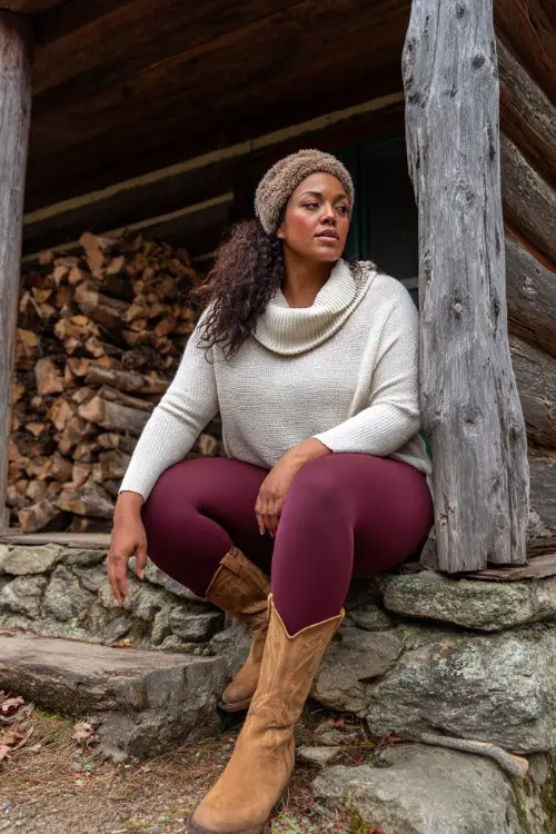 A curvy woman wears burgundy leggings with tall tan cowboy boots, a loose-fitting cream cowl-neck sweater, and a fuzzy headband