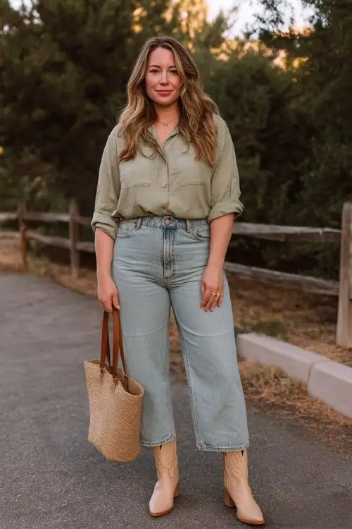 A curvy woman wears cropped wide-leg jeans with a sage green button-up shirt and beige cowboy boots