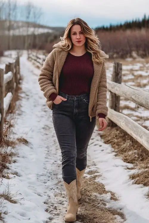 A curvy woman wears dark jeans rolled to show her beige cowboy boots, styled with a burgundy fitted sweater and a soft shearling jacket