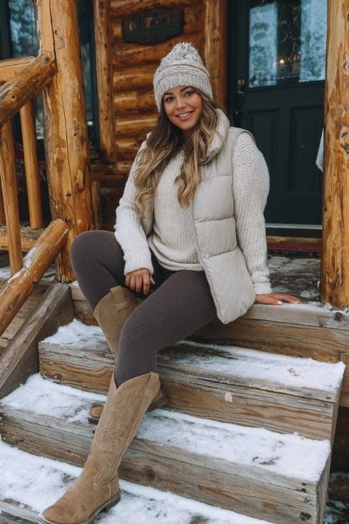 A curvy woman wears dark leggings with a cream oversized sweater and an oatmeal puffer vest, styled with tall tan cowboy boots and a knit beanie