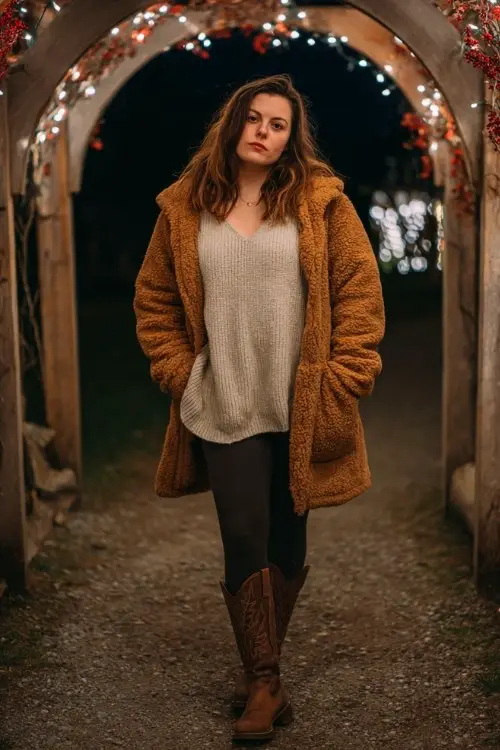 A curvy woman wears dark leggings with tall distressed brown cowboy boots, a cozy oversized pullover, and a teddy coat
