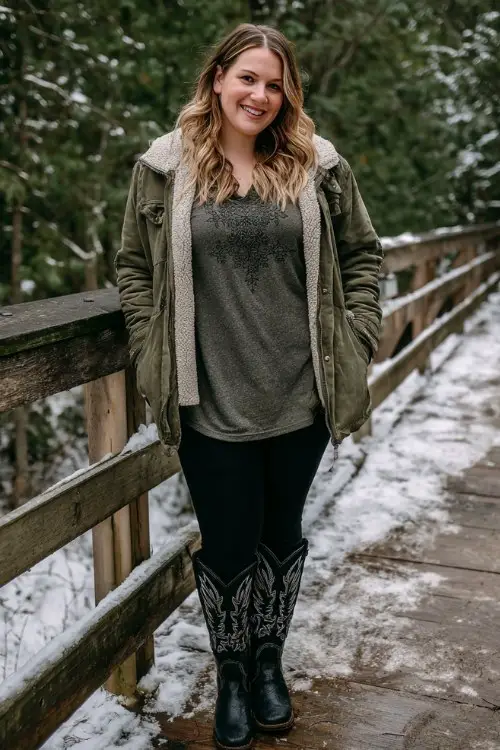 A curvy woman wears dark leggings with tall embroidered black cowboy boots, a cozy forest green tunic sweater, and a faux shearling-lined jacket