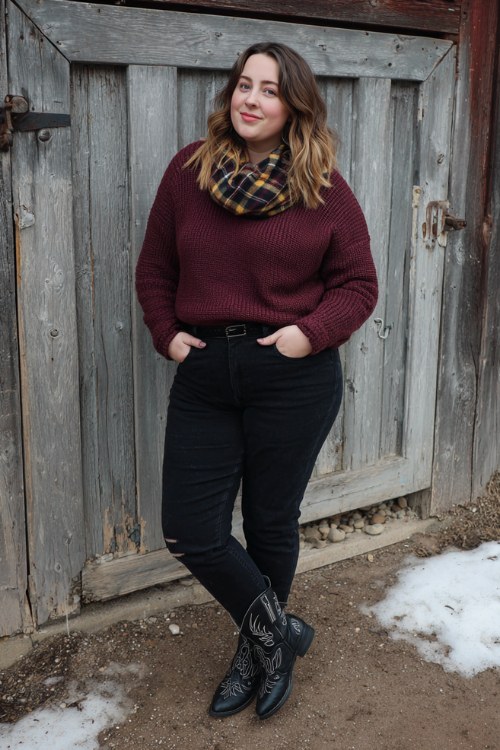 A curvy woman wears high-rise black jeans with embroidered black cowboy boots, a burgundy knit sweater, and a plaid scarf