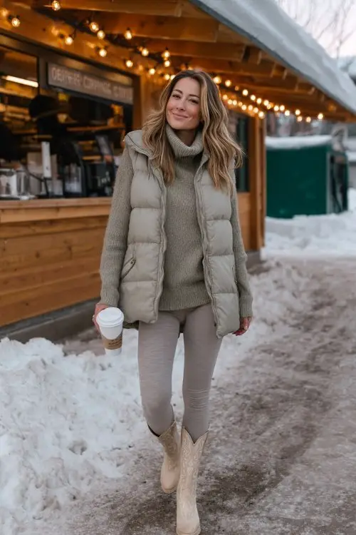 A curvy woman wears leggings with short beige cowboy boots, an oversized turtleneck sweater in soft olive, and a long puffer vest