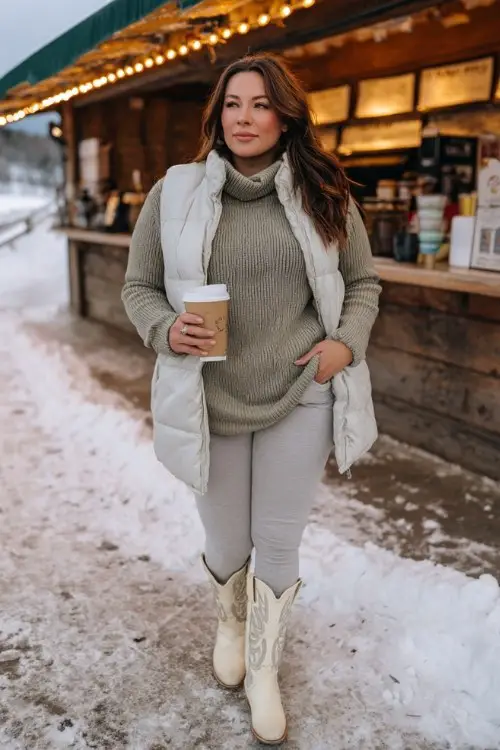 A curvy woman wears leggings with short beige cowboy boots, an oversized turtleneck sweater in soft olive, and a long puffer vest