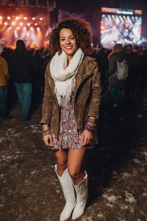 A curvy woman wears white cowboy boots with a floral winter dress layered under a suede jacket and oversized scarf, accessorized with stacked bracelets