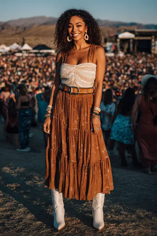 A curvy woman wears white cowboy boots with a tiered boho maxi dress and wide western belt, accessorized with chunky earrings and bracelets