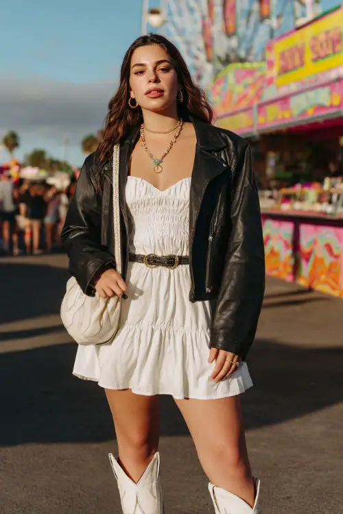 A curvy woman wears white cowboy boots with a tiered mini dress and cropped leather jacket, accessorized with a belt bag and layered necklaces