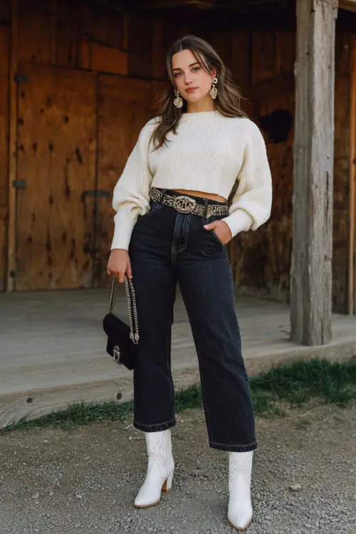 A curvy woman wears white cowboy boots with dark-wash bootcut jeans, a cropped knit sweater and wide western belt, accessorized with statement earrings and mini shoulder bag