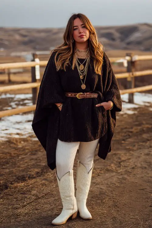 A curvy woman wears white cowboy boots with ribbed leggings, a chunky knit sweater dress and belted wool cape, accessorized with layered necklaces