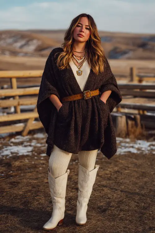 A curvy woman wears white cowboy boots with ribbed leggings, a chunky knit sweater dress and belted wool cape, accessorized with layered necklaces