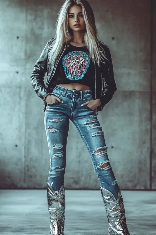A fashionable woman rocking silver cowboy boots, distressed blue skinny jeans, a knotted graphic tee, and a black leather jacket