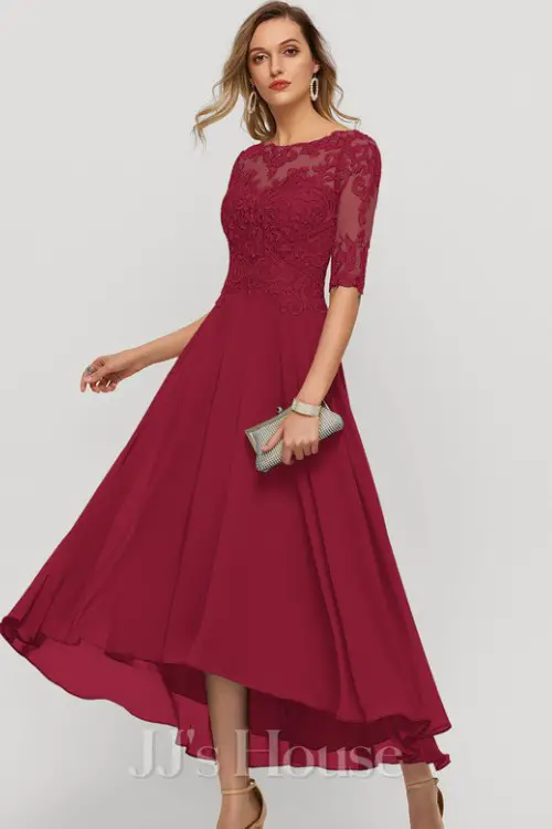 A-line Boat Neck Illusion Asymmetrical Chiffon Lace Mother of the Bride Dress With Sequins Beading