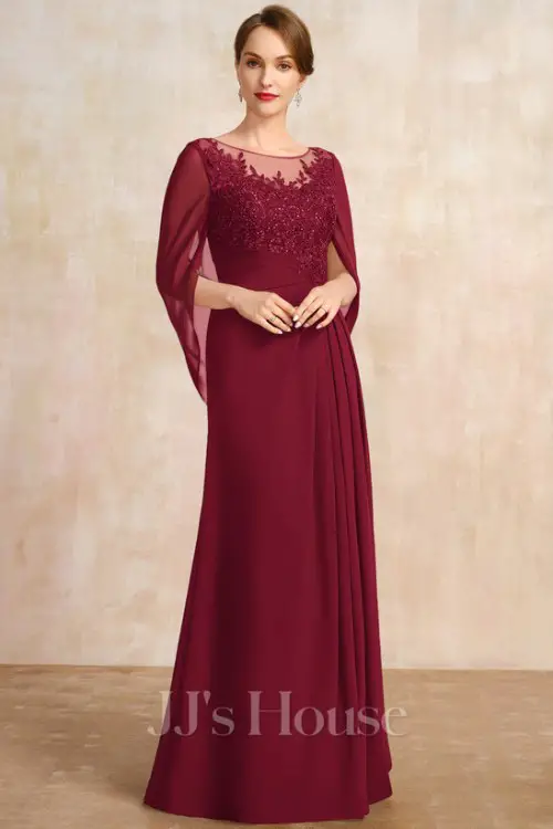 A-line Illusion Scoop Floor-Length Lace Chiffon Mother of the Bride Dress With Sequins Cape Pleated