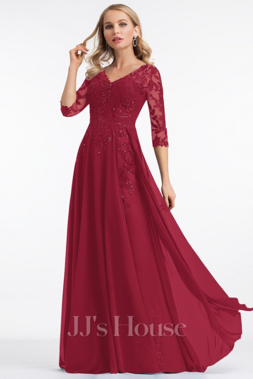 A-line V-Neck Floor-Length Lace Chiffon Mother of the Bride Dress With Sequins