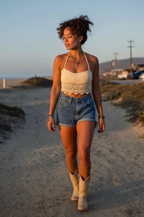A petite woman styles beige cowboy boots with high-waisted denim shorts and a crochet halter top