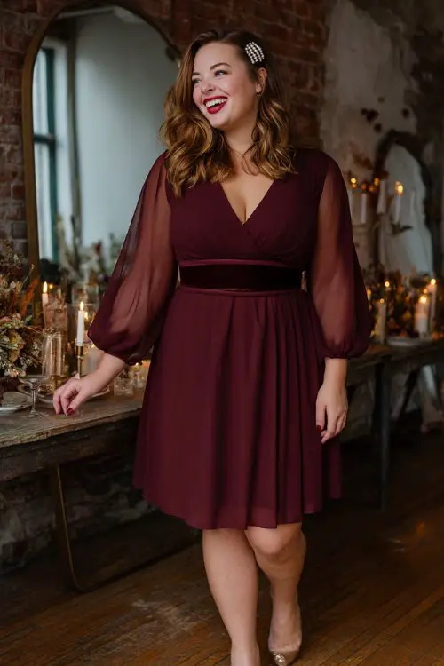 A plus-size woman wears a burgundy A-line dress with chiffon bishop sleeves and a velvet waist belt, paired with heels and a pearl hairpin