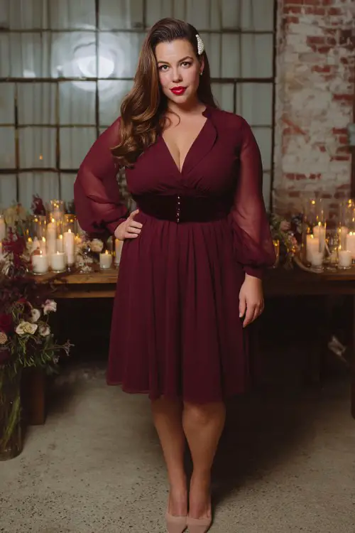 A plus-size woman wears a burgundy A-line dress with chiffon bishop sleeves and a velvet waist belt, paired with heels and a pearl hairpin