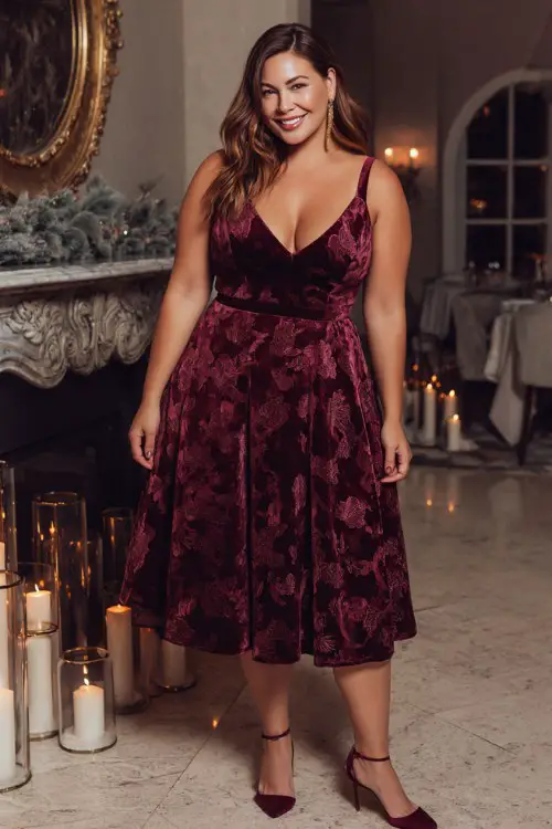 A plus-size woman wears a burgundy fit-and-flare midi dress with velvet floral detailing, styled with burgundy heels and gold accessories