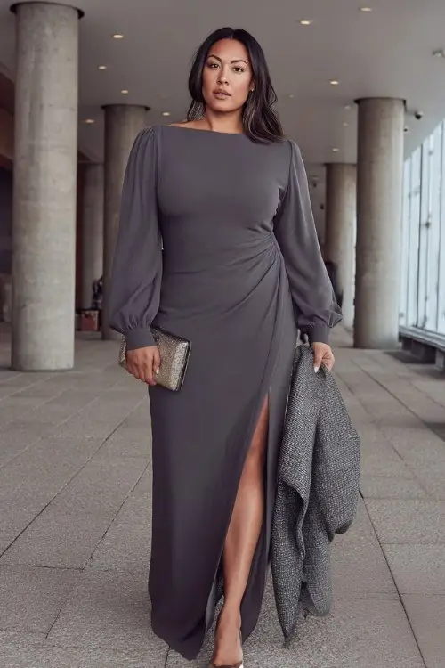 A plus-size woman wears a charcoal gray structured crepe gown with full-length sleeves, a slit at the side, and subtle shoulder pleats, styled with a winter shawl and heeled pumps