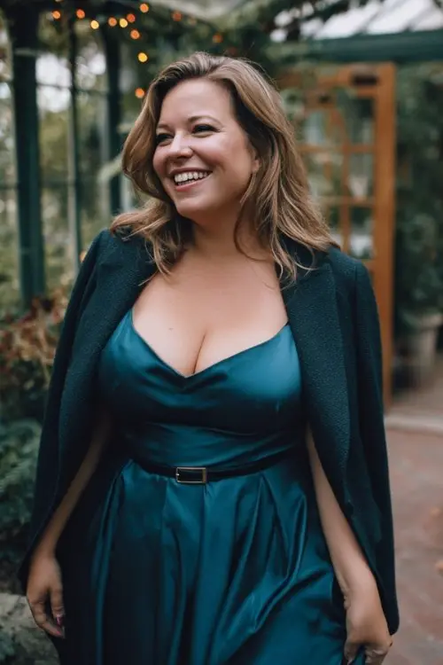 A plus-size woman wears a dark teal satin A-line dress paired with a belted wool blazer