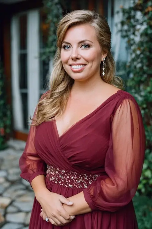A plus-size woman wears a deep burgundy chiffon gown with long sheer sleeves, a cinched waist with an embellished belt, and drop earring