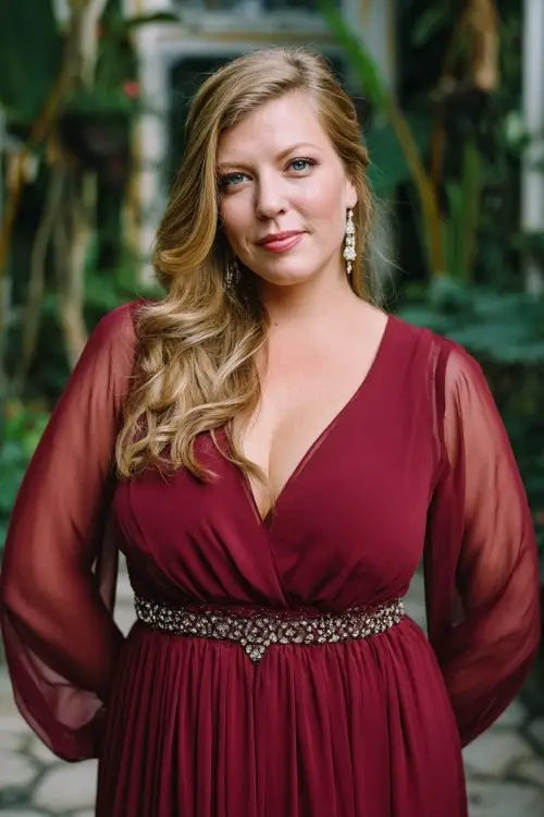A plus-size woman wears a deep burgundy chiffon gown with long sheer sleeves, a cinched waist with an embellished belt, and drop earrings