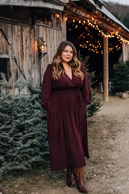 A plus-size woman wears a deep burgundy crepe dress with a cinched waist and sheer long sleeves, styled with dark brown western-style boots