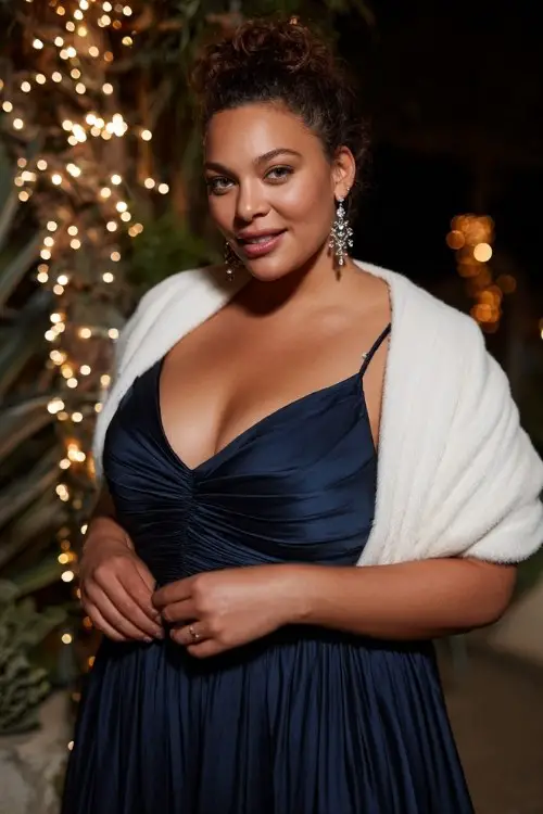 A plus-size woman wears a deep navy satin A-line dress with a pleated skirt, paired with a soft white shawl and crystal drop earrings