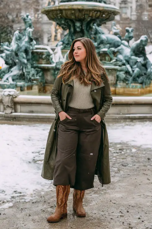 A plus-size woman wears a deep olive faux-leather trench coat with a fitted sweater, wide-leg trousers, and tall brown cowboy boots