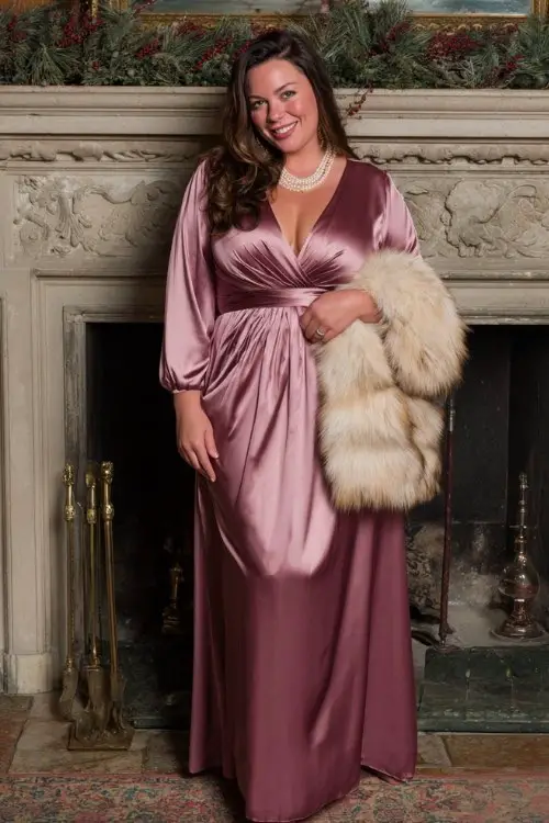 A plus-size woman wears a dusty rose satin gown with long bishop sleeves, pleated detailing at the waist, and a gently flared hem