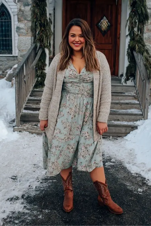 A plus-size woman wears a floral midi dress with a winter cardigan and short brown cowboy boots