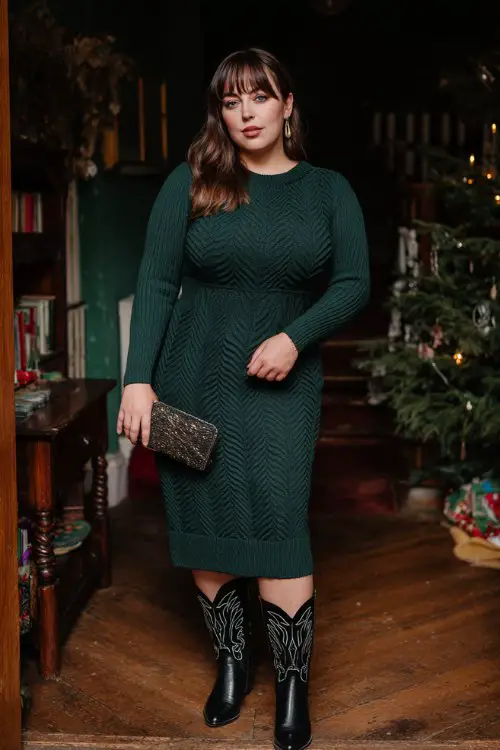 A plus-size woman wears a forest green knit dress with a defined waist, styled with black embroidered cowboy boots and a festive clutch