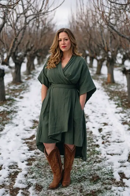 A plus-size woman wears a forest green wrap dress with long sleeves and a high-low hem, layered with a structured wool cape and tall brown cowboy boots