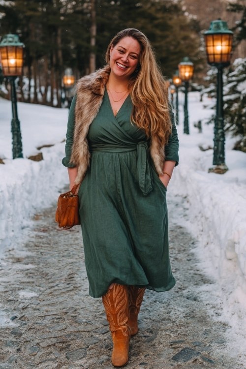 A plus-size woman wears a forest green wrap dress with long sleeves and tall tan cowboy boots, layered with a faux fur-trimmed shawl