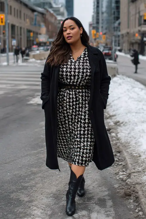A plus-size woman wears a houndstooth print midi dress with opaque black tights and sleek black cowboy boots, layered with a long black wool coat