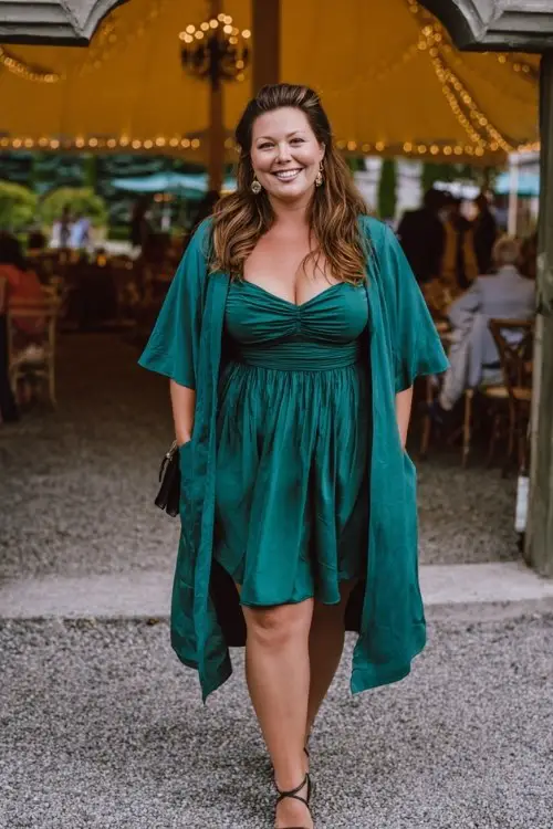 A plus-size woman wears a jewel-toned emerald dress with flutter sleeves and a smocked waist