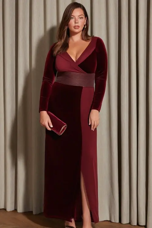 A plus-size woman wears a long-sleeve wine red gown with velvet paneling, a crossover neckline, and a satin waistband, styled with a matching velvet clutch and heels