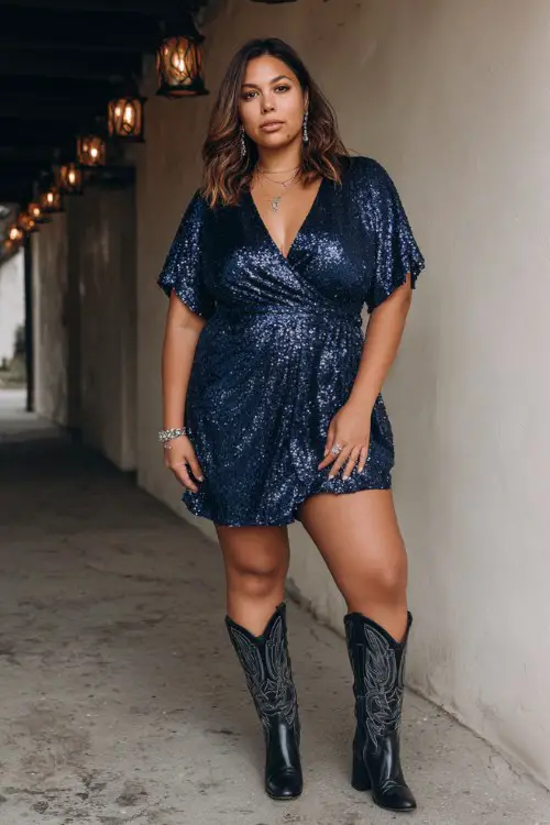 A plus-size woman wears a midnight blue sequin wrap dress with flutter sleeves, paired with glossy black cowboy boots