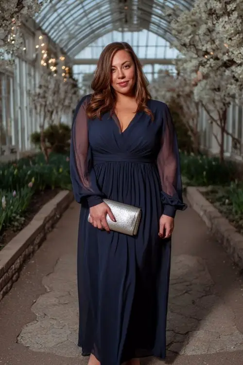 A plus-size woman wears a navy chiffon maxi dress with sheer bishop sleeves, accented by a silver metallic clutch and low block-heel pumps