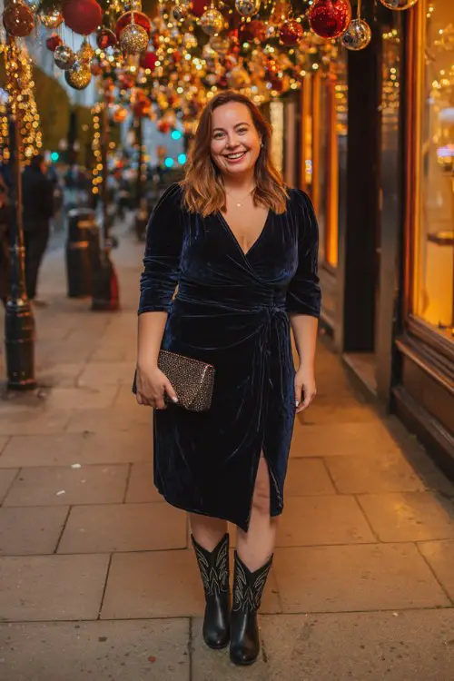 A plus-size woman wears a navy velvet midi dress with a defined waist, styled with black embroidered cowboy boots and a jeweled clutch